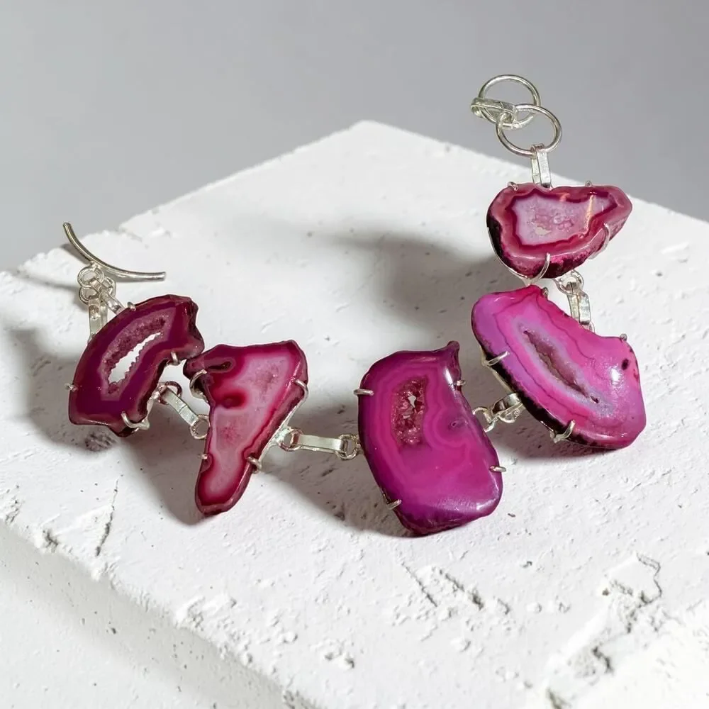 Pink Druzy Agate Slice Toggle Bracelet 925 Silver Plated
